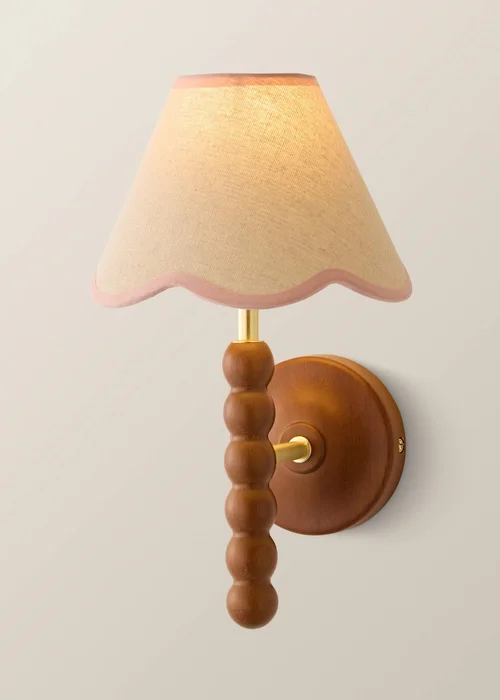 ValueLights Bobble Walnut Wall Light with Pink Trim Scallop Shade - One Size Image 2