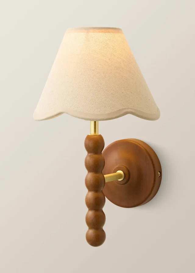 ValueLights Bobble Walnut Wall Light with Natural Trim Scallop Shade