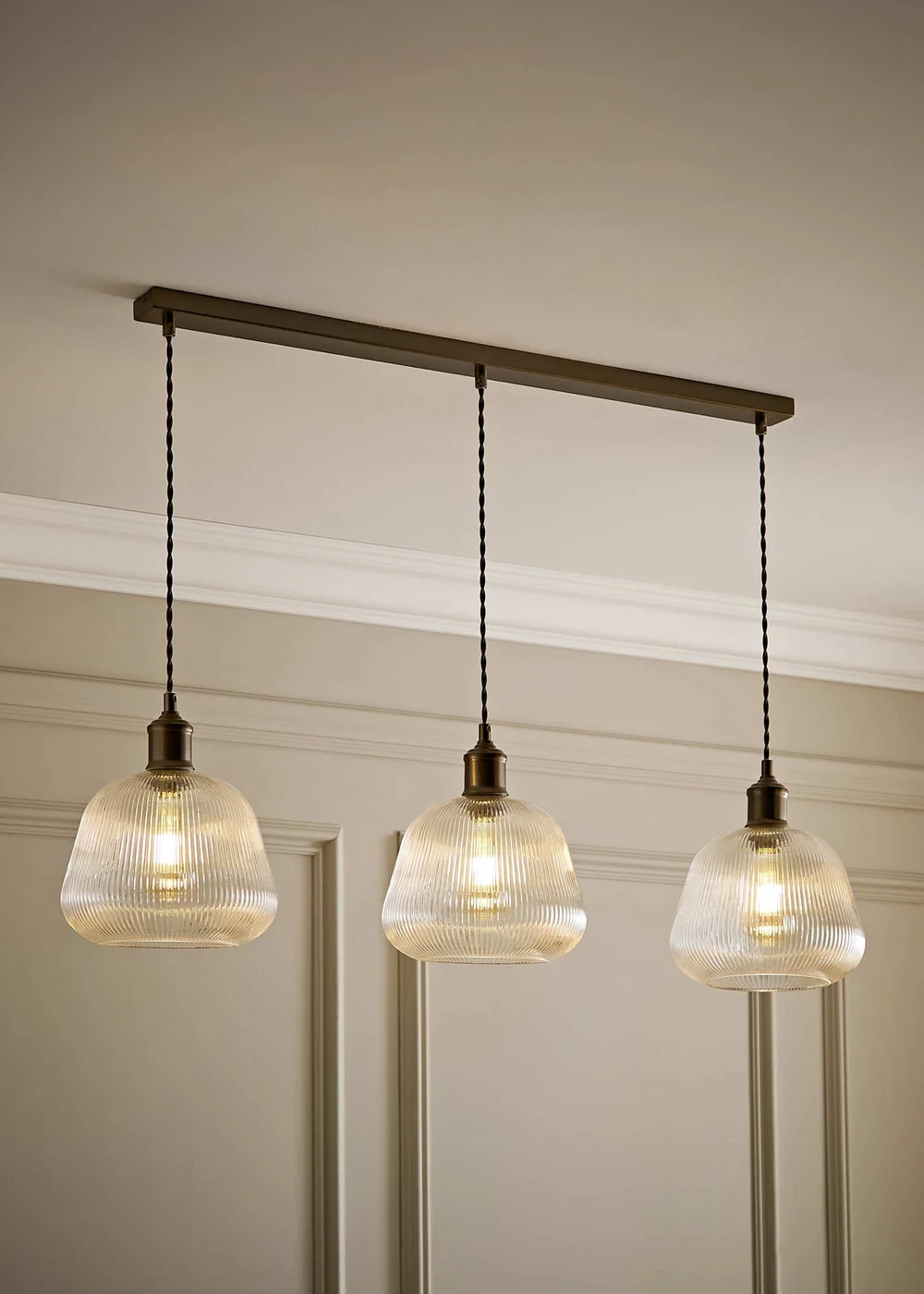 ValueLights Delora Brushed Brass Ribbed Glass 3 Drop Diner Ceiling Light - One Size Image 1