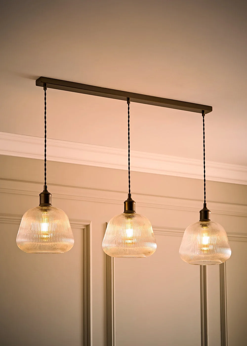 ValueLights Delora Brushed Brass Ribbed Glass 3 Drop Diner Ceiling Light - One Size Image 2