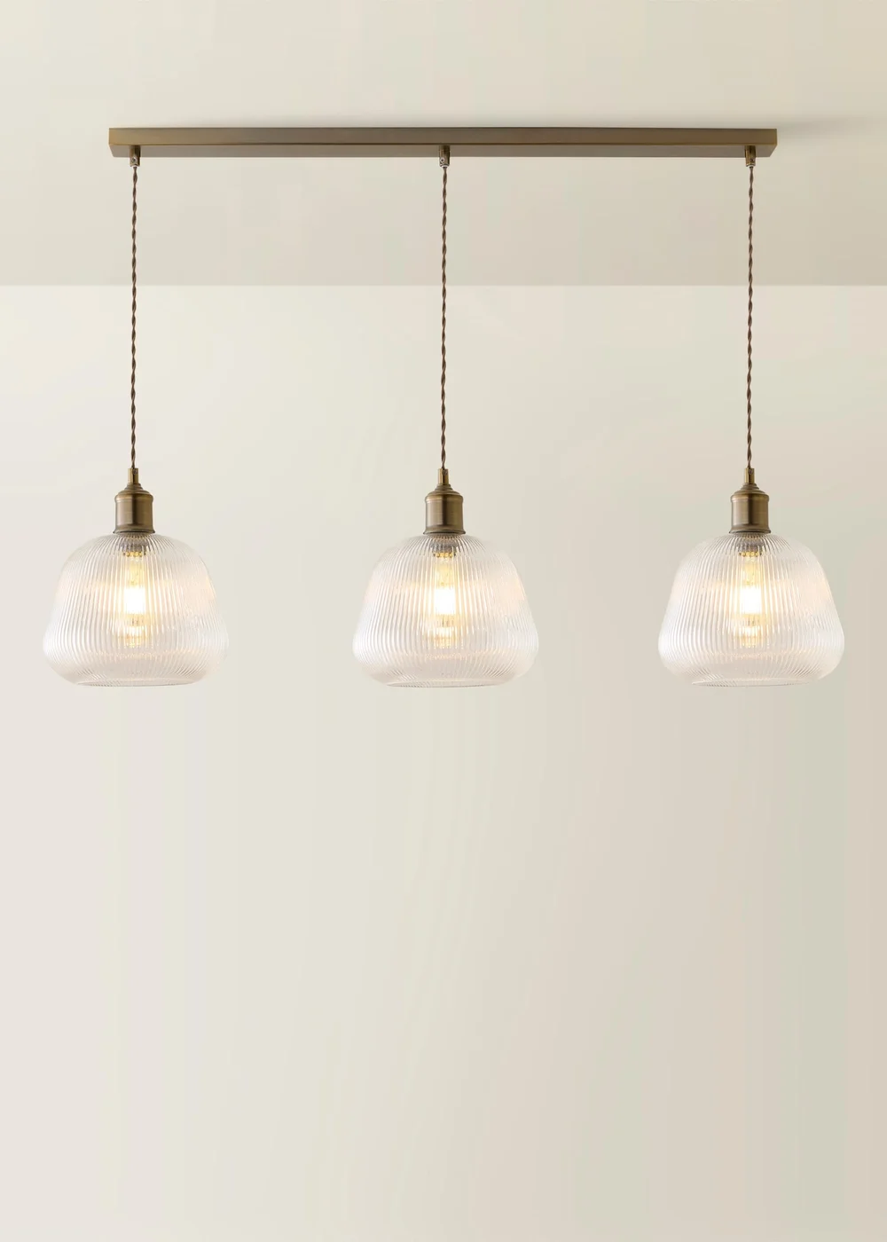 ValueLights Delora Brushed Brass Ribbed Glass 3 Drop Diner Ceiling Light - One Size Image 3