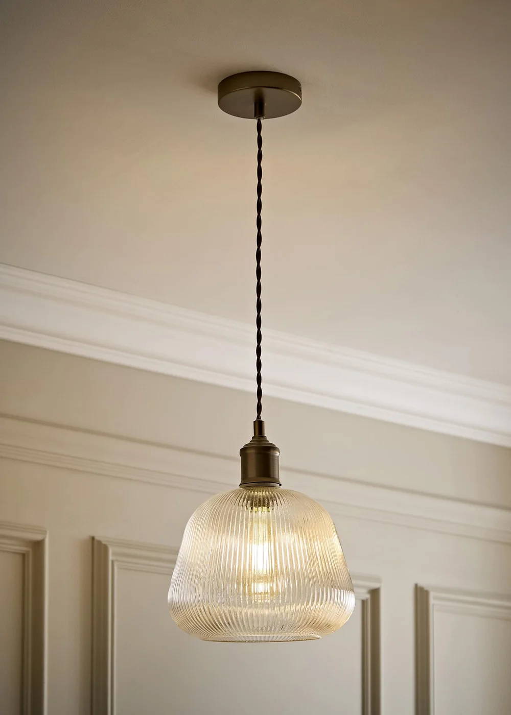 ValueLights Delora Brushed Brass Ribbed Glass Ceiling Light - One Size Image 1