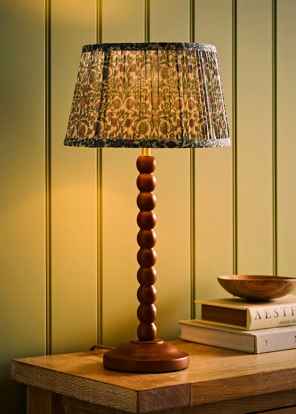 ValueLights Bobble Walnut Table Lamp with Floral Pleated Shade - One Size Image 2
