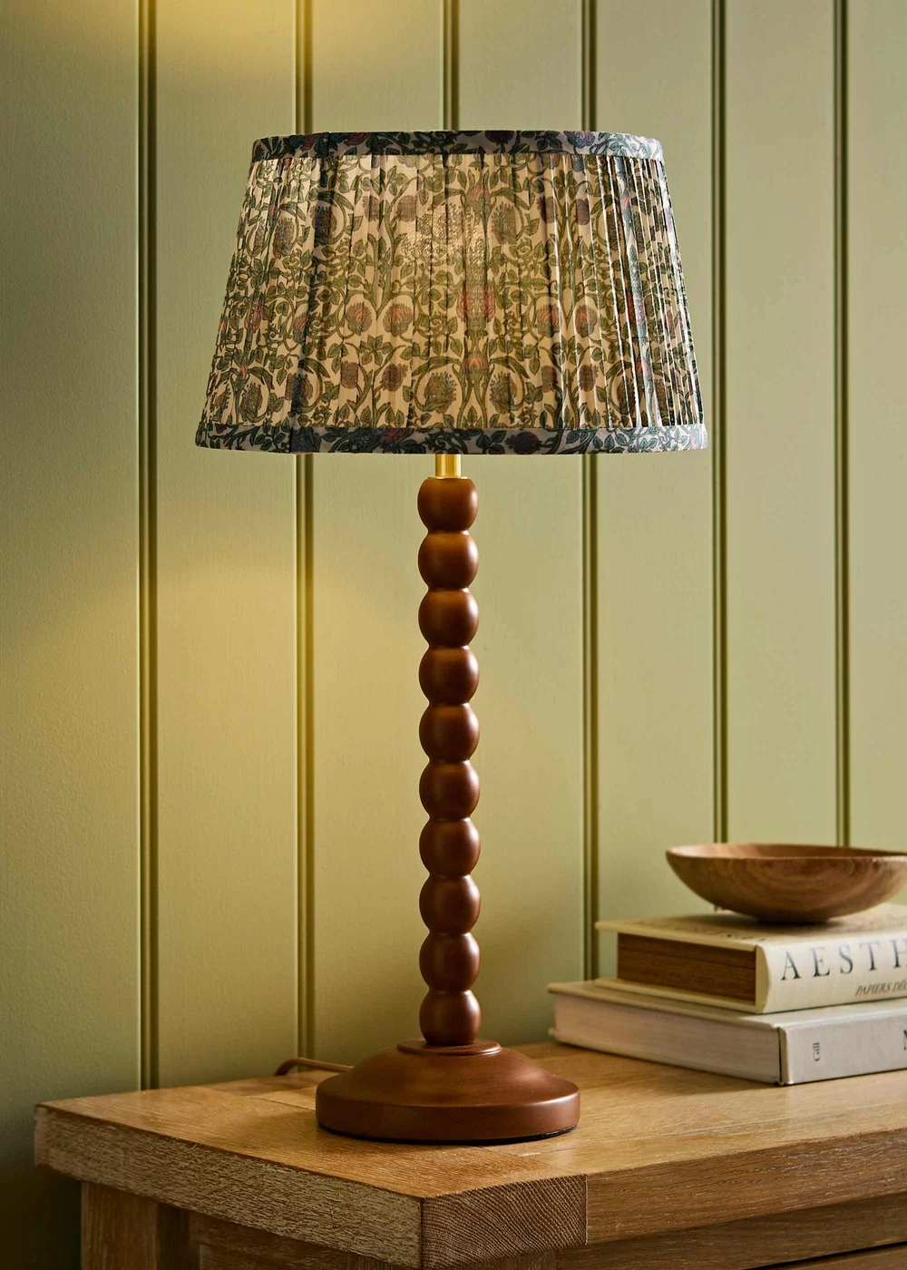 ValueLights Bobble Walnut Table Lamp with Floral Pleated Shade - One Size Image 1