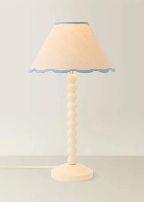 ValueLights Bobble Cream Table Lamp with Blue Trim Scallop Shade - One Size Image 3