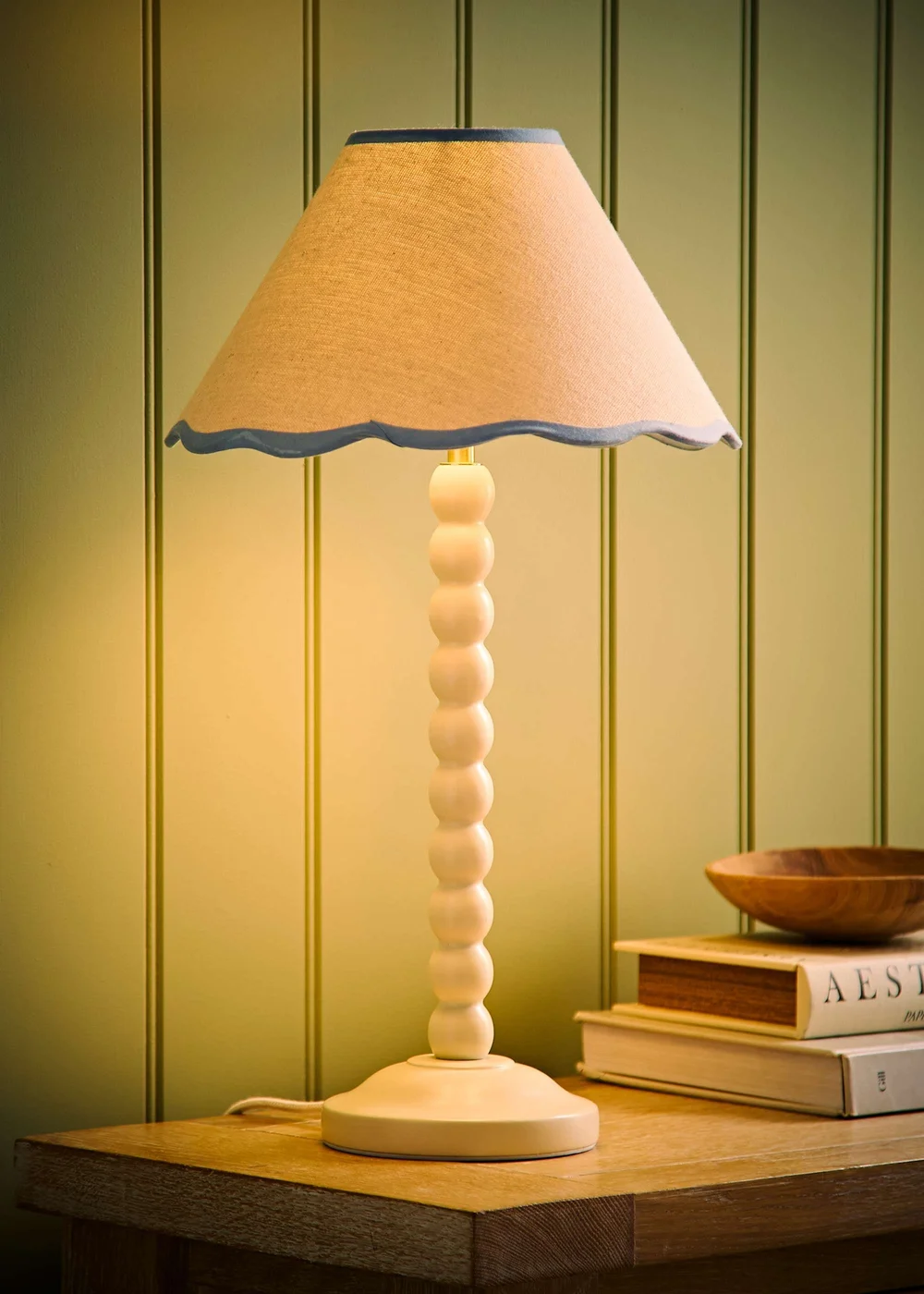 ValueLights Bobble Cream Table Lamp with Blue Trim Scallop Shade - One Size Image 2