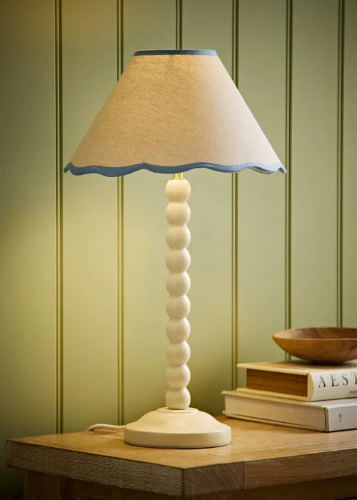 ValueLights Bobble Cream Table Lamp with Blue Trim Scallop Shade - One Size Image 1