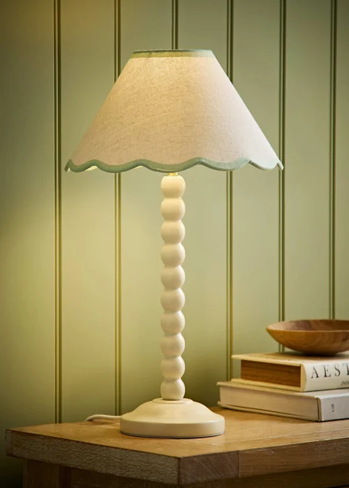 ValueLights Bobble Cream Table Lamp with Green Trim Scallop Shade - One Size Image 1