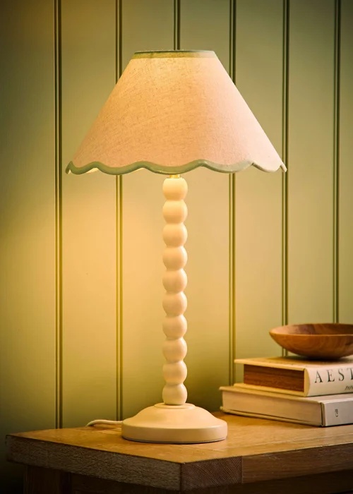ValueLights Bobble Cream Table Lamp with Green Trim Scallop Shade - One Size Image 2
