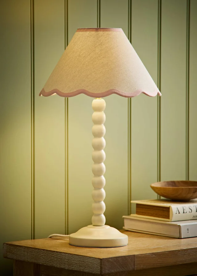ValueLights Bobble Cream Table Lamp with Pink Trim Scallop Shade