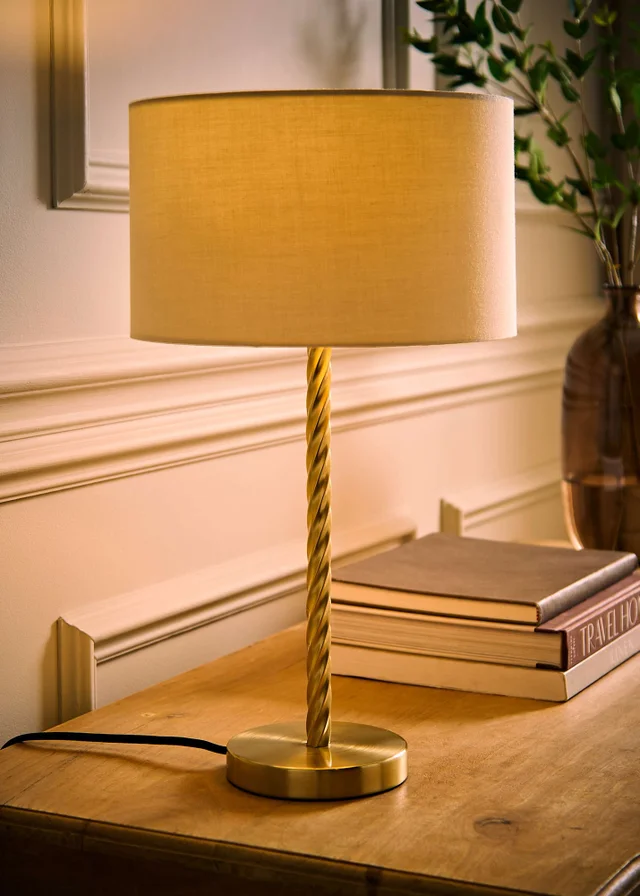 ValueLights Maura Twist Brushed Gold Table Lamp with Natural Shade