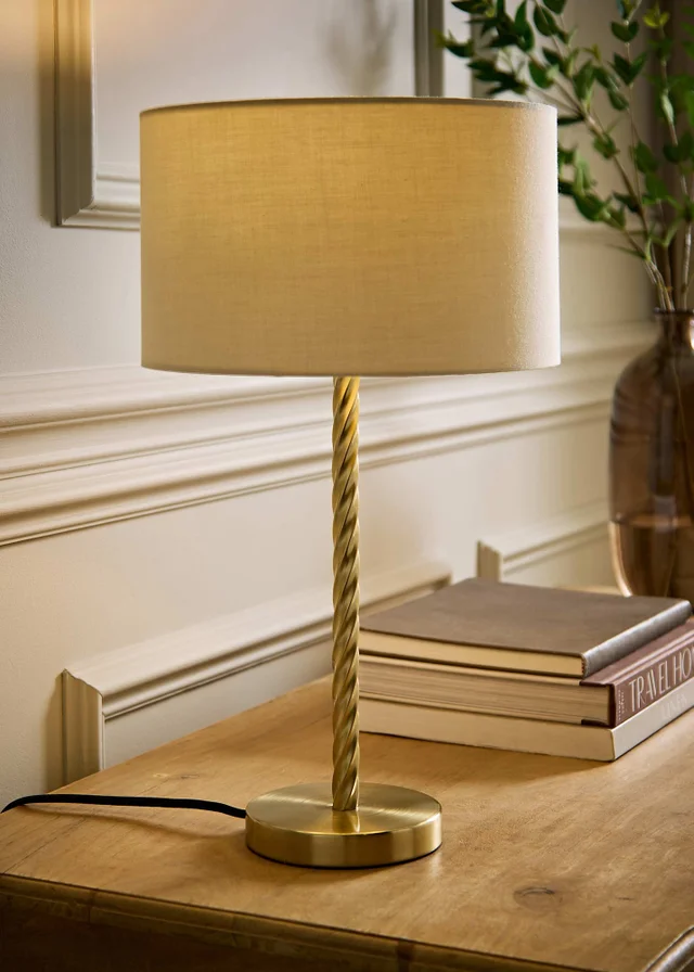 ValueLights Maura Twist Brushed Gold Table Lamp with Natural Shade