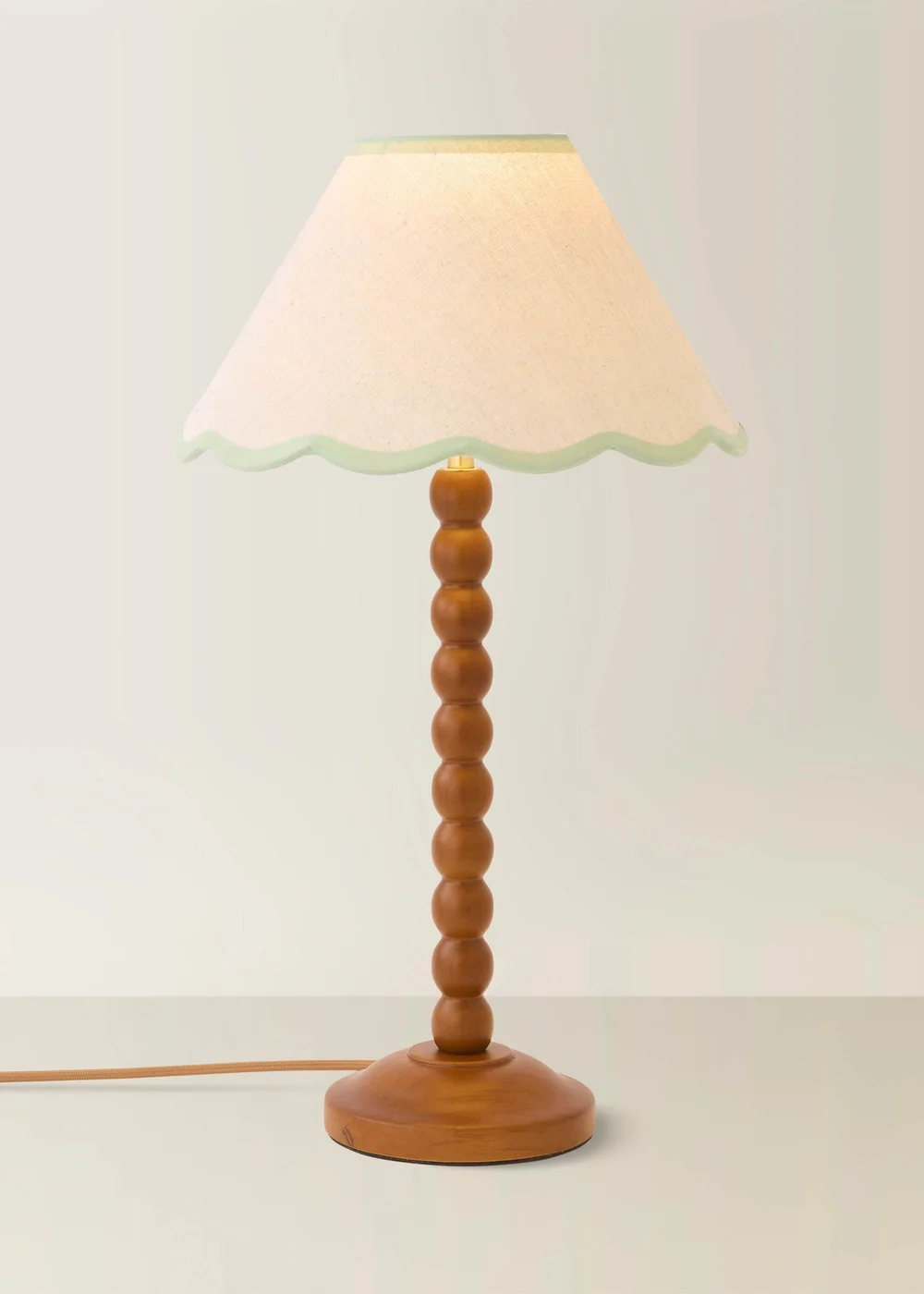 ValueLights Bobble Walnut Table Lamp with Green Trim Scallop Shade - One Size Image 2