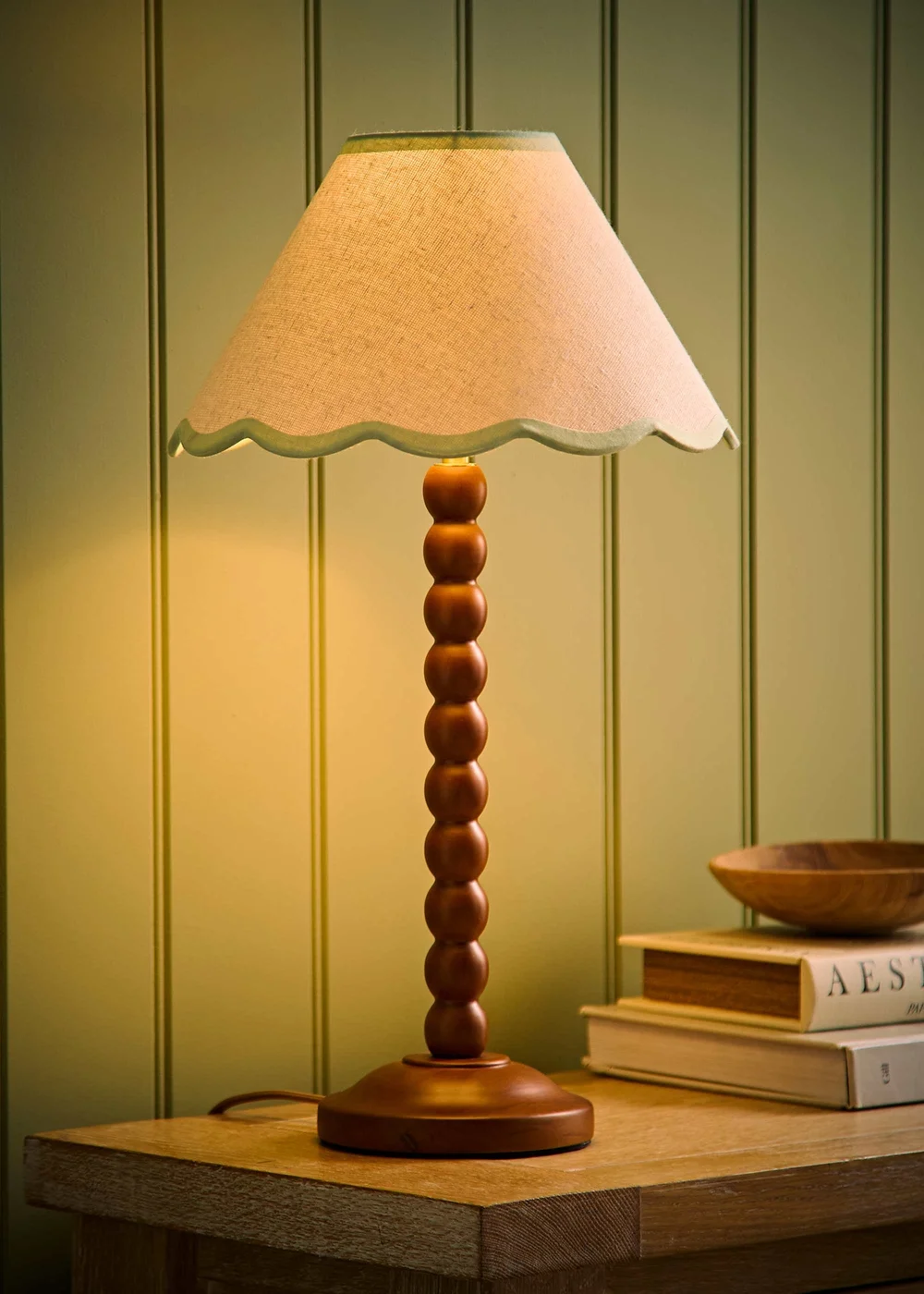 ValueLights Bobble Walnut Table Lamp with Green Trim Scallop Shade - One Size Image 1