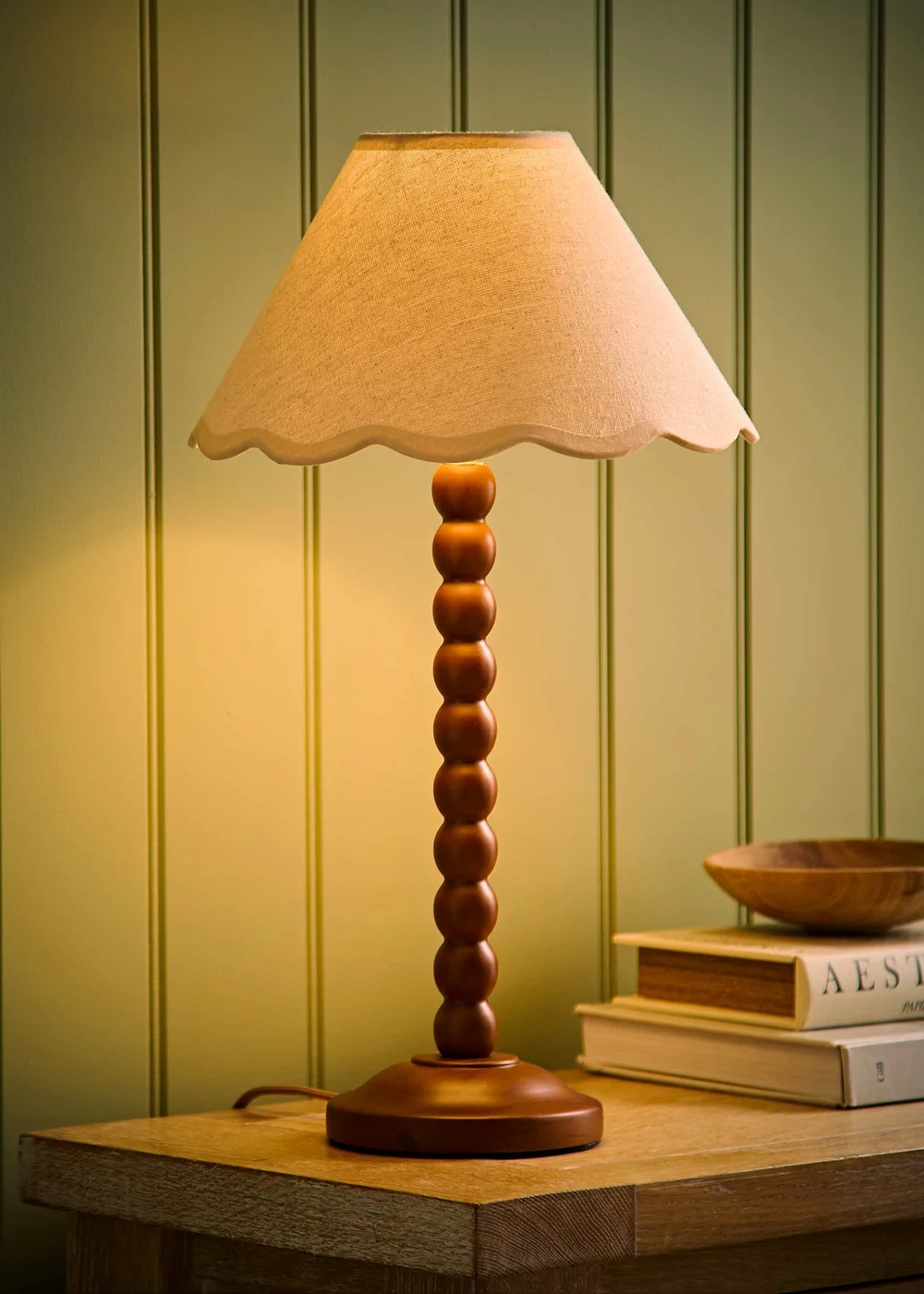 ValueLights Bobble Walnut Table Lamp with Natural Trim Scallop Shade - One Size Image 1