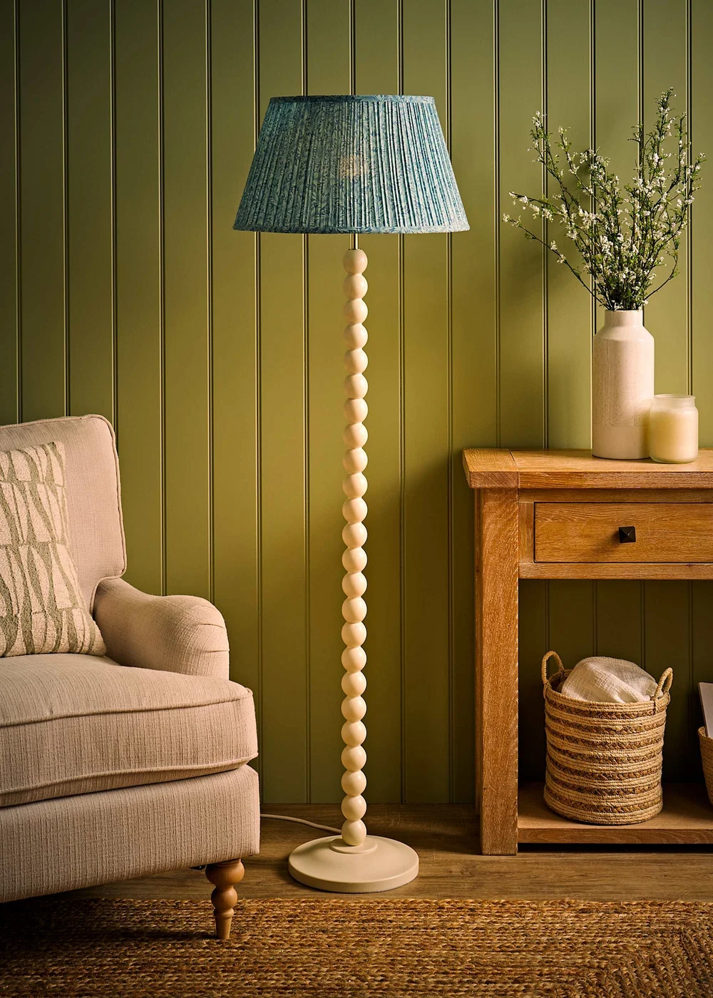 ValueLights Bobble Cream Floor Lamp with Blue Leaf Pleated Shade - One Size Image 2