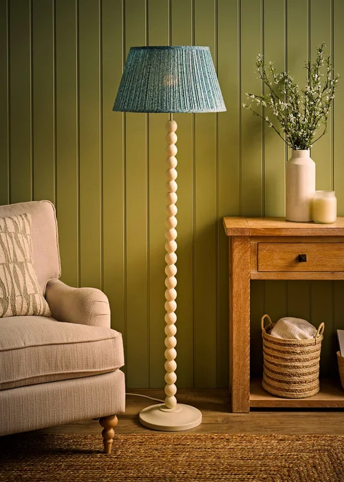ValueLights Bobble Cream Floor Lamp with Blue Leaf Pleated Shade - One Size Image 2
