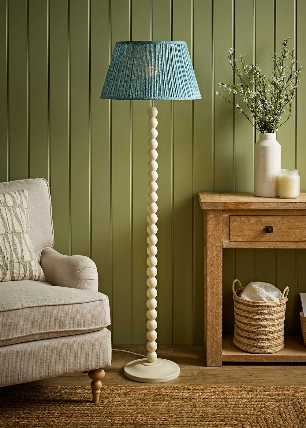 ValueLights Bobble Cream Floor Lamp with Blue Leaf Pleated Shade - One Size Image 1