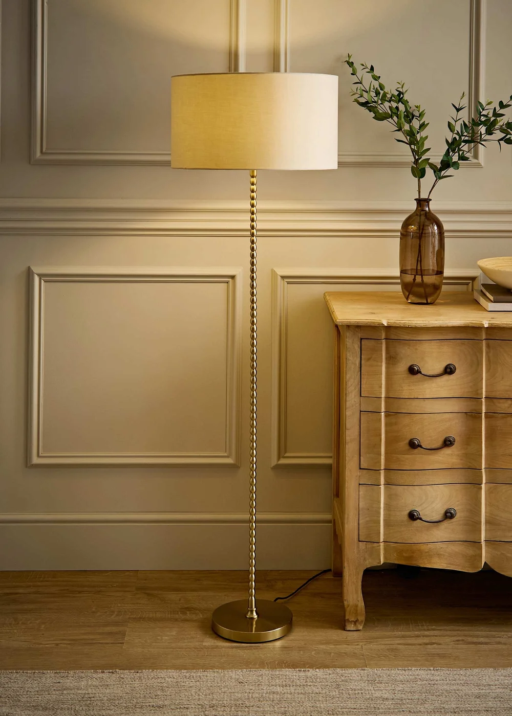 ValueLights Maeve Brushed Gold Floor Lamp with Natural Drum Shade - One Size Image 1