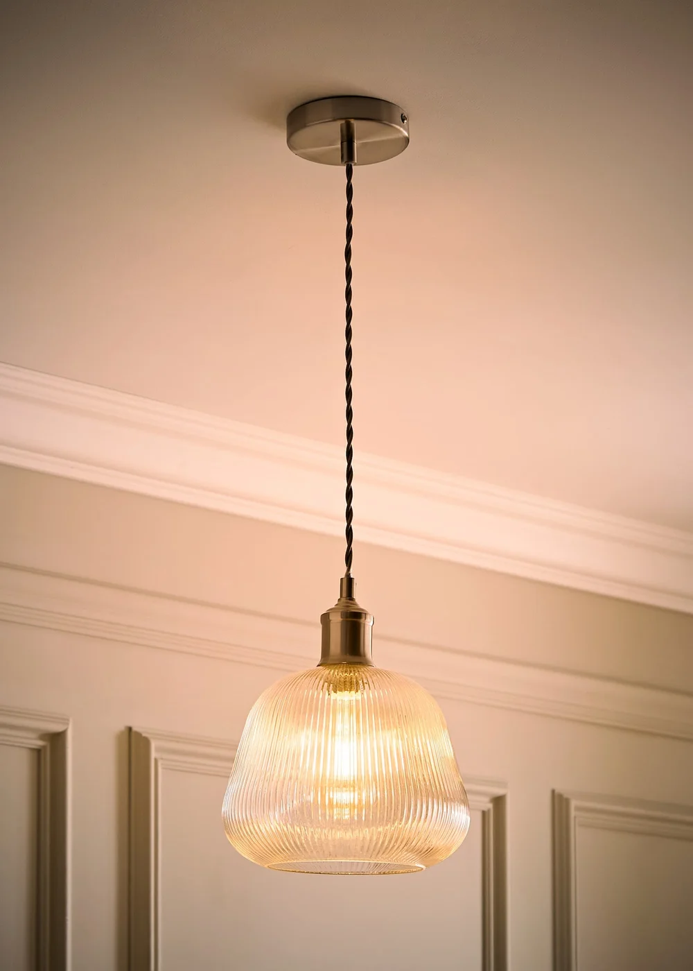 ValueLights Delora Brushed Chrome Ribbed Glass Ceiling Light - One Size Image 2