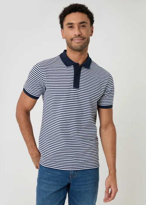 Threadbare Navy Stripe Cotton Pique Polo Shirt - S Image 1