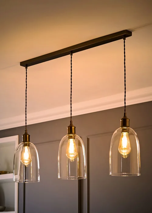 ValueLights Kira Dome Glass Brushed Brass 3 Drop Diner Ceiling Light - One Size Image 2