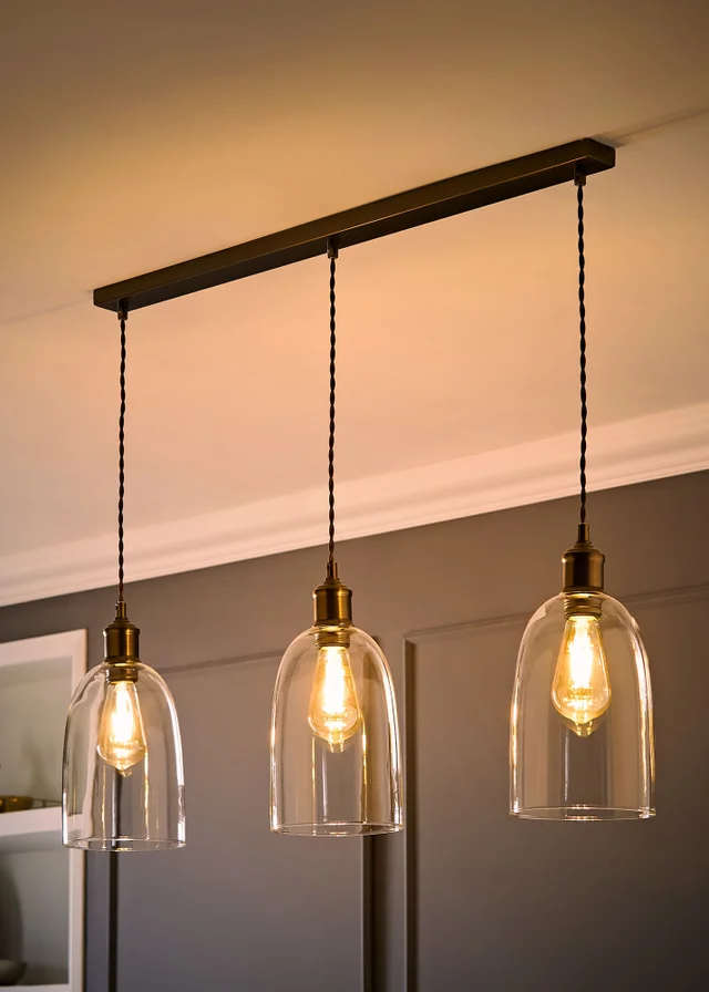 ValueLights Kira Dome Glass Brushed Brass 3 Drop Diner Ceiling Light