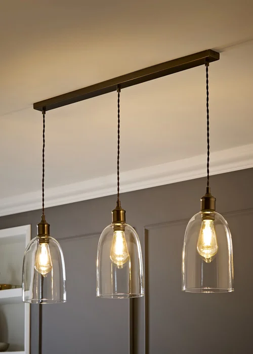 ValueLights Kira Dome Glass Brushed Brass 3 Drop Diner Ceiling Light - One Size Image 1