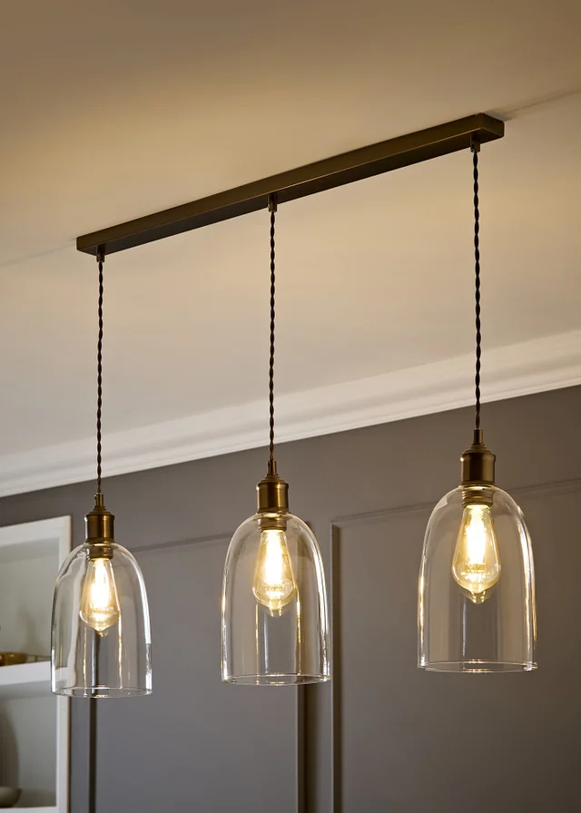 ValueLights Kira Dome Glass Brushed Brass 3 Drop Diner Ceiling Light