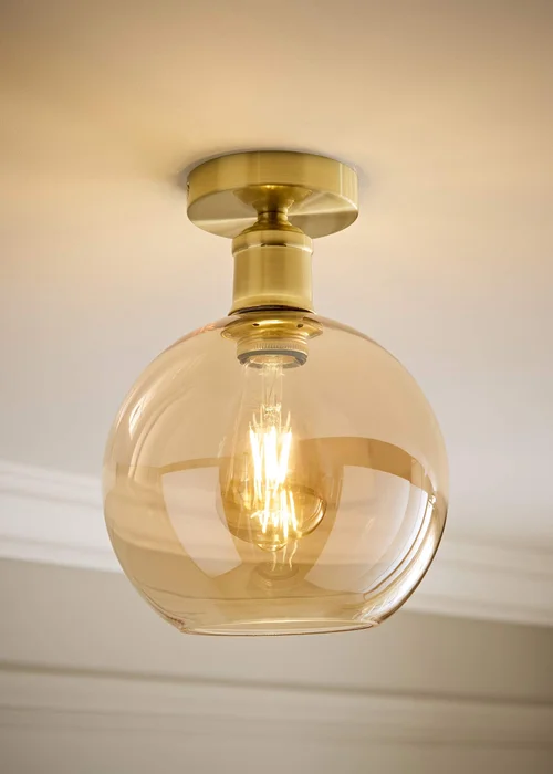 ValueLights Bellamy Amber Glass Brushed Gold Flush Ceiling Light - One Size Image 1