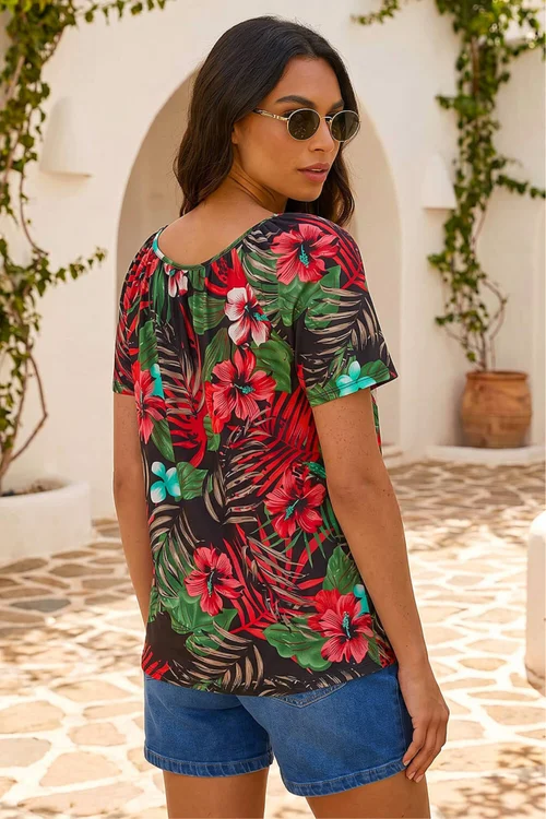 Roman Coral Textured Floral Print V-Neck Top - 14 Image 2
