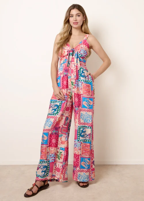 Blue Vanilla Pink Tie Front Jumpsuit In Postcard Print - L Image 1