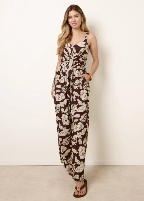 Blue Vanilla Brown Tropical Tie Front Jumpsuit - L Image 3