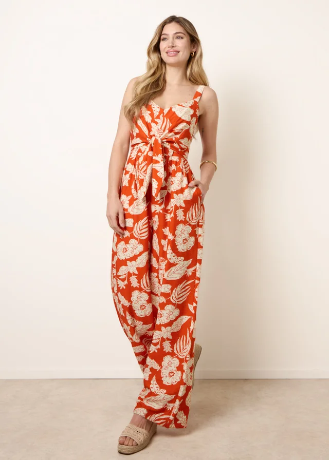 Blue Vanilla Orange Tropical Tie Front Jumpsuit