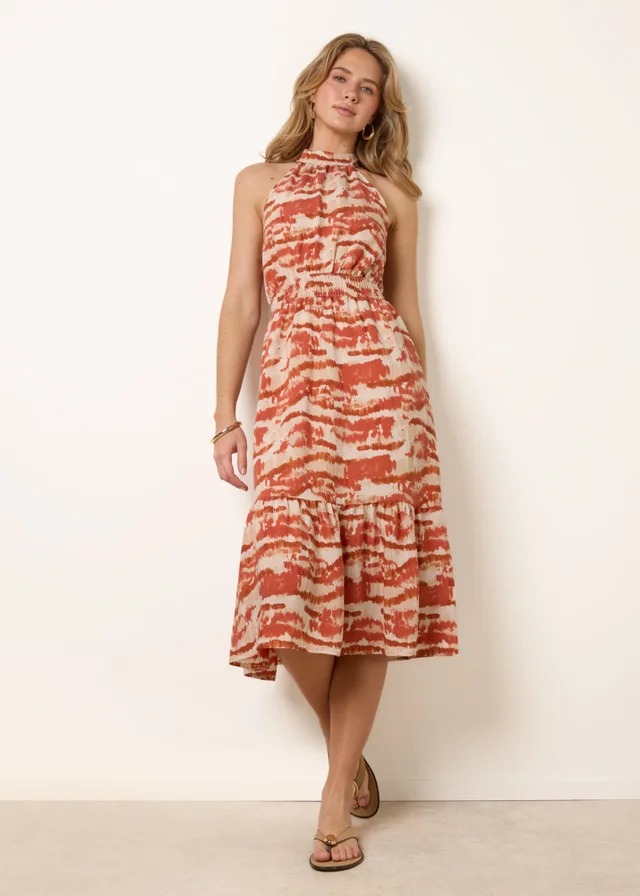 Blue Vanilla Red Blurred Tiered Halter Neck Midi Dress