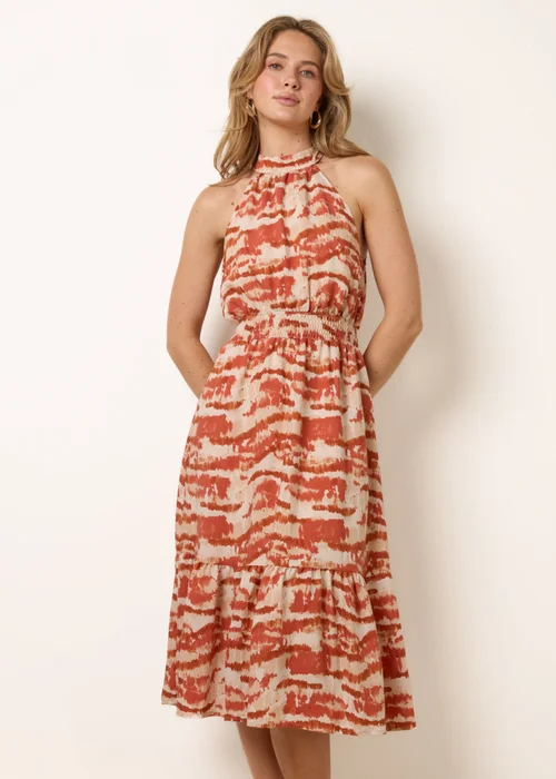 Blue Vanilla Red Blurred Tiered Halter Neck Midi Dress - L Image 3