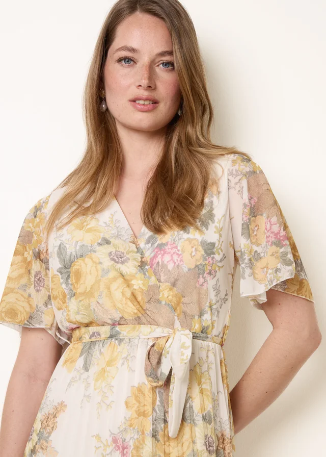 Blue Vanilla White Crossover Pleated Print Dress