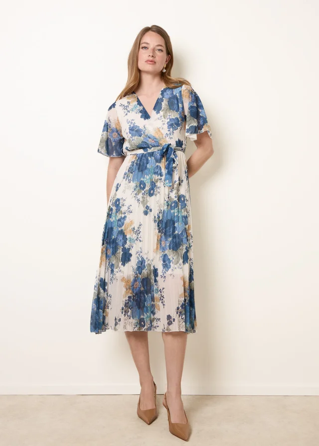 Blue Vanilla White Crossover Pleated Print Dress