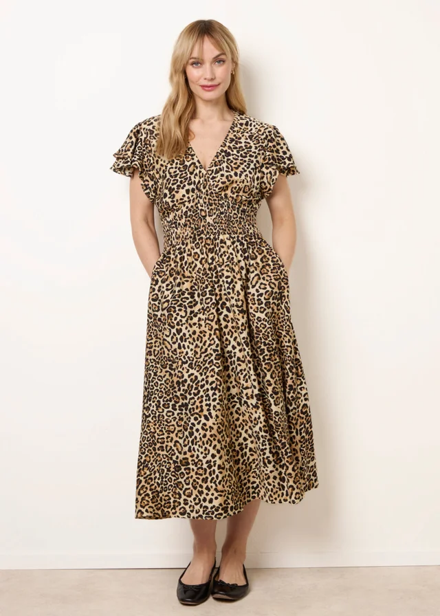 Blue Vanilla Brown Animal Double Frill Shirred Waist Midi Dress