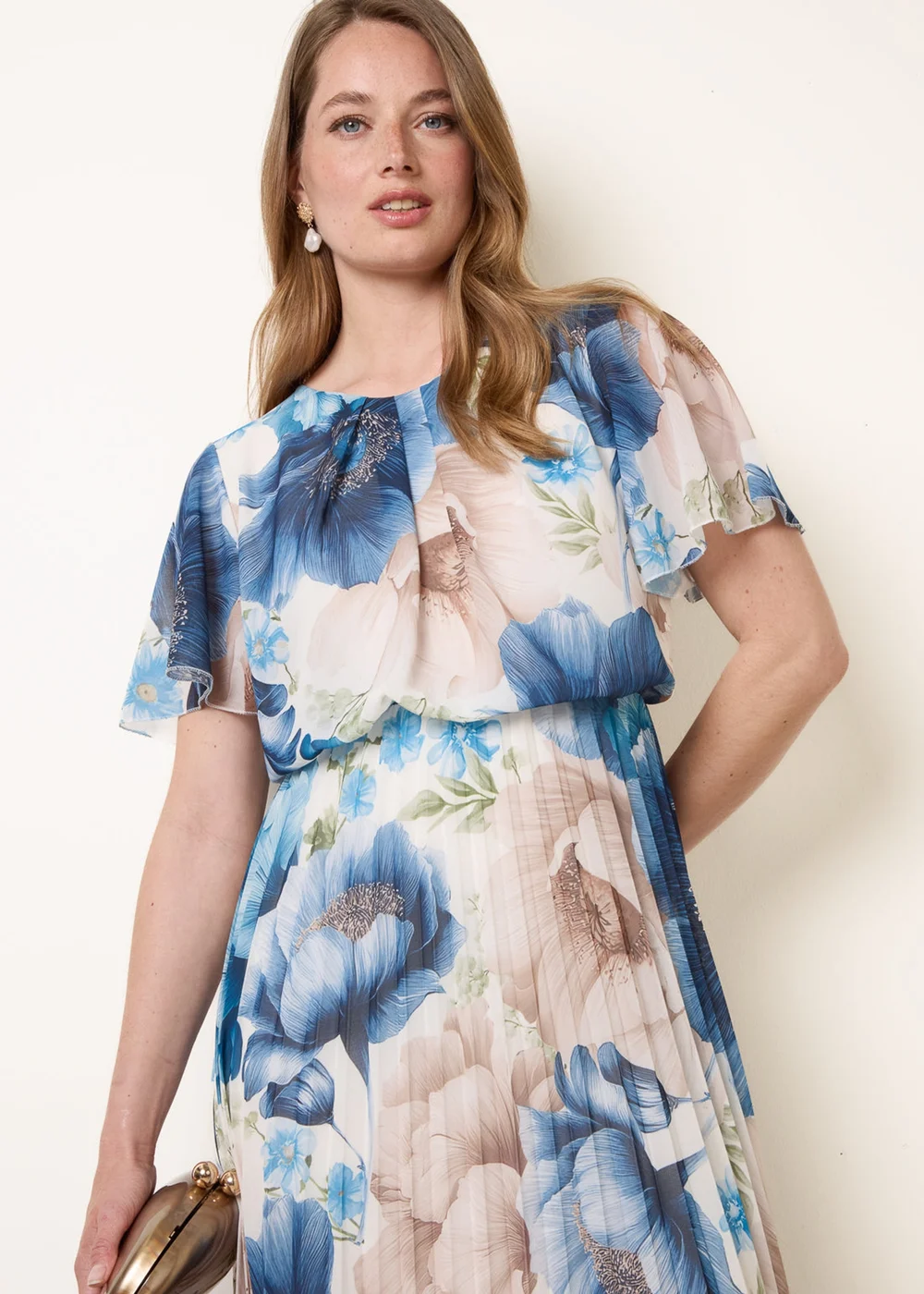 Blue Vanilla Blue Pleated Scoop Neck Short Sleeve Floral Dress - S Image 2