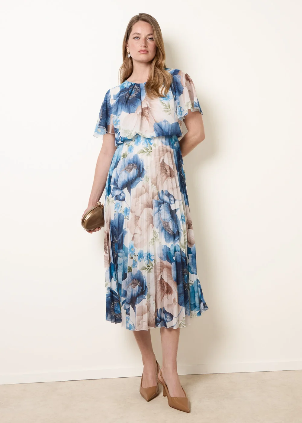 Blue Vanilla Blue Pleated Scoop Neck Short Sleeve Floral Dress - S Image 3