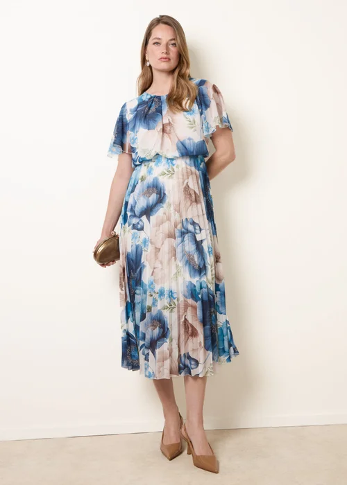 Blue Vanilla Blue Pleated Scoop Neck Short Sleeve Floral Dress - S Image 3