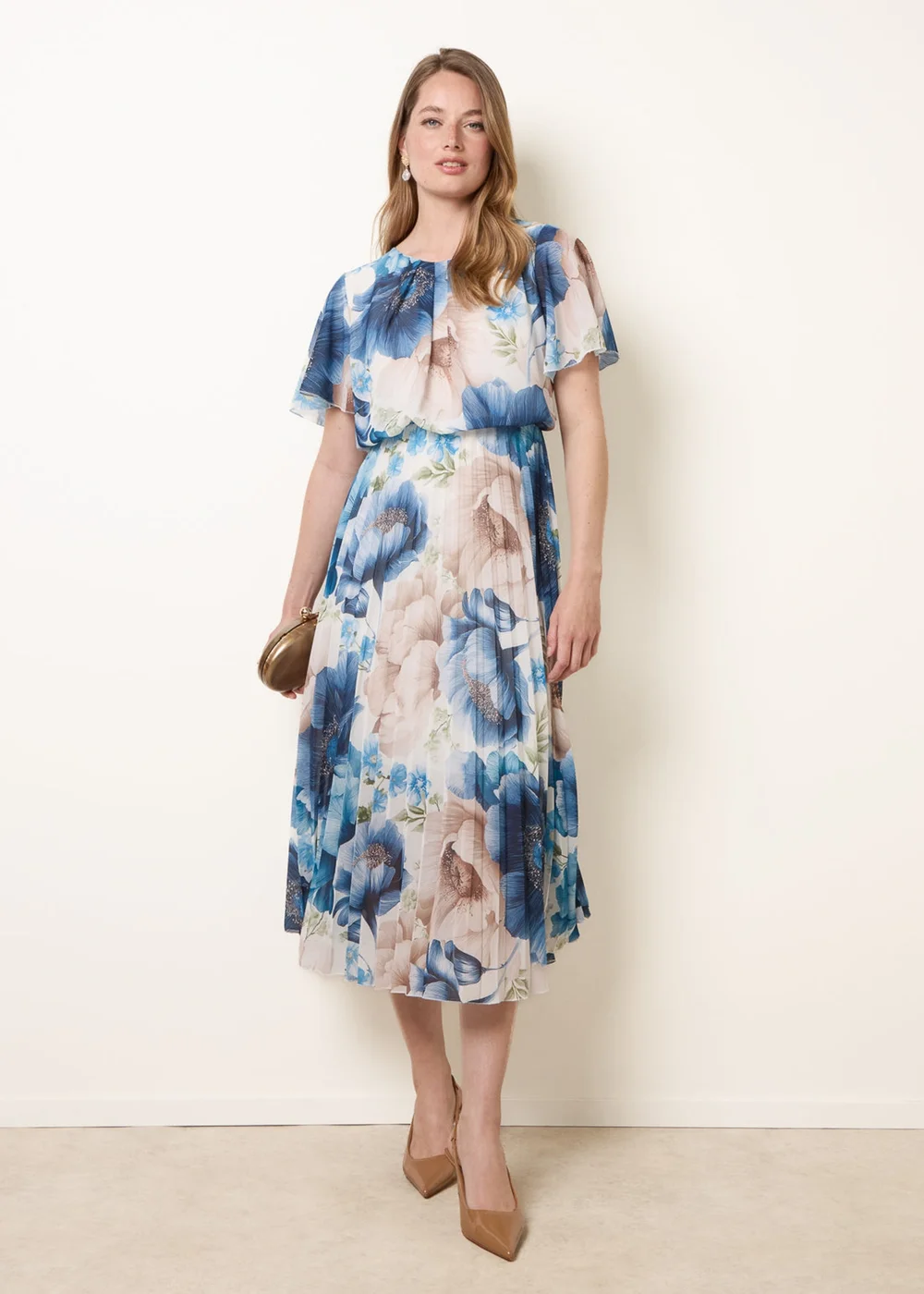 Blue Vanilla Blue Pleated Scoop Neck Short Sleeve Floral Dress - S Image 1