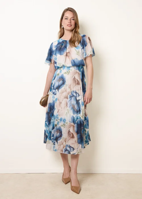 Blue Vanilla Blue Pleated Scoop Neck Short Sleeve Floral Dress - S Image 1