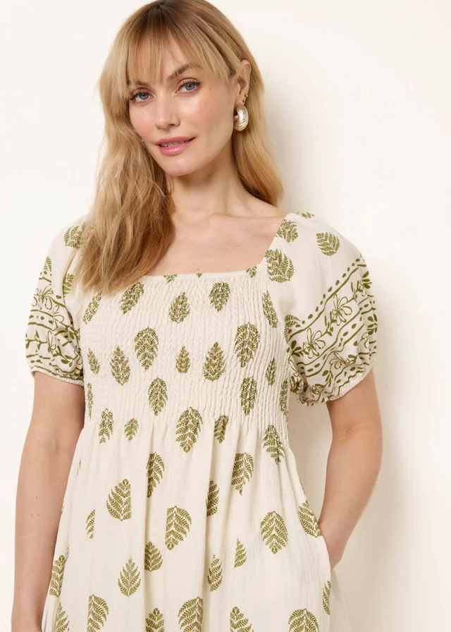 Blue Vanilla Green Square Neck Puff Sleeve Shirred Border Midi Dress