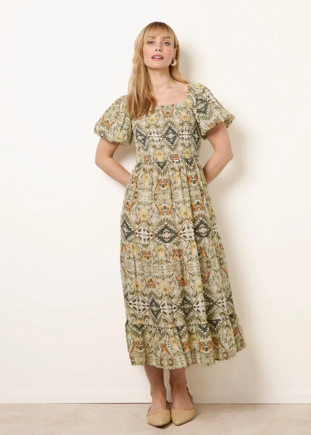 Blue Vanilla Green Abstract Print Puff Sleeve Midi Dress - S Image 1