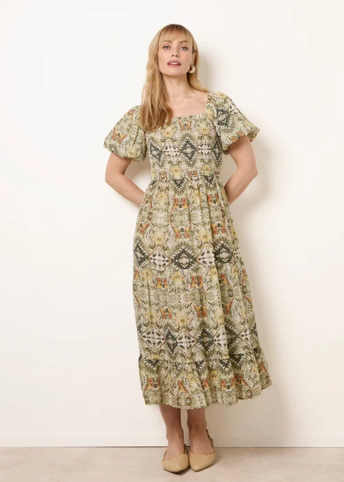 Blue Vanilla Green Abstract Print Puff Sleeve Midi Dress - S Image 1