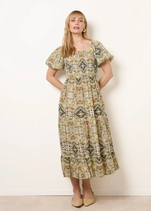 Blue Vanilla Green Abstract Print Puff Sleeve Midi Dress