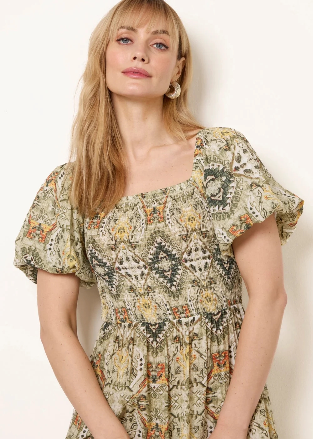 Blue Vanilla Green Abstract Print Puff Sleeve Midi Dress - S Image 2