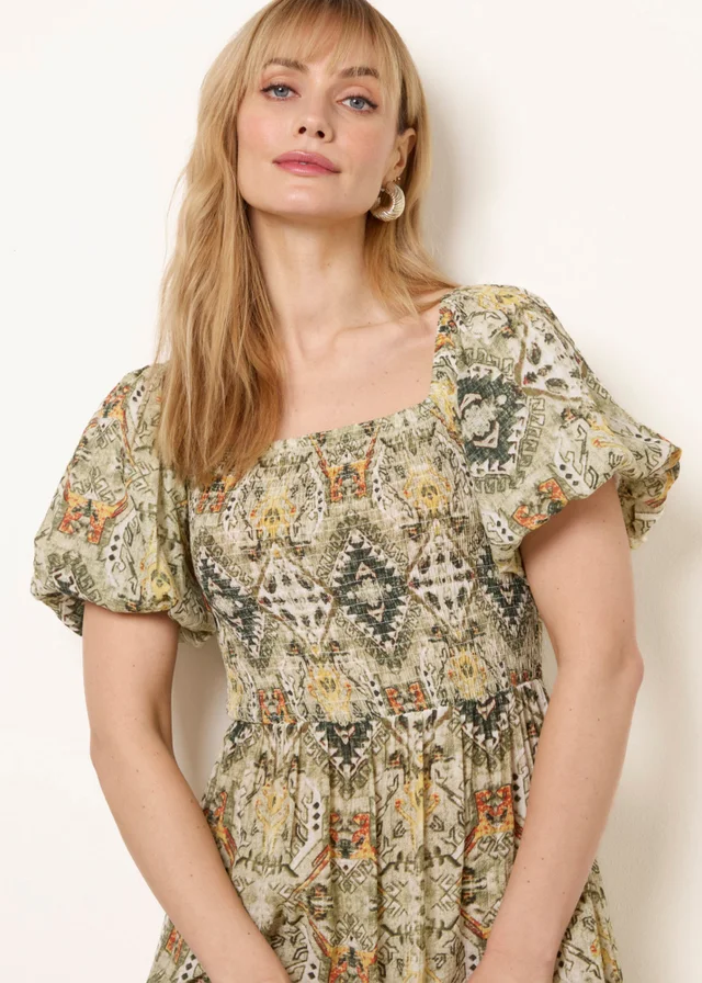 Blue Vanilla Green Abstract Print Puff Sleeve Midi Dress